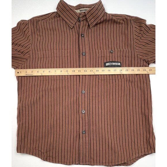 HARLEY-DAVIDSON Mens LARGE Brown Stripe Embroidery Spell-Out Button-Up S/S SHIRT - Picture 7 of 11